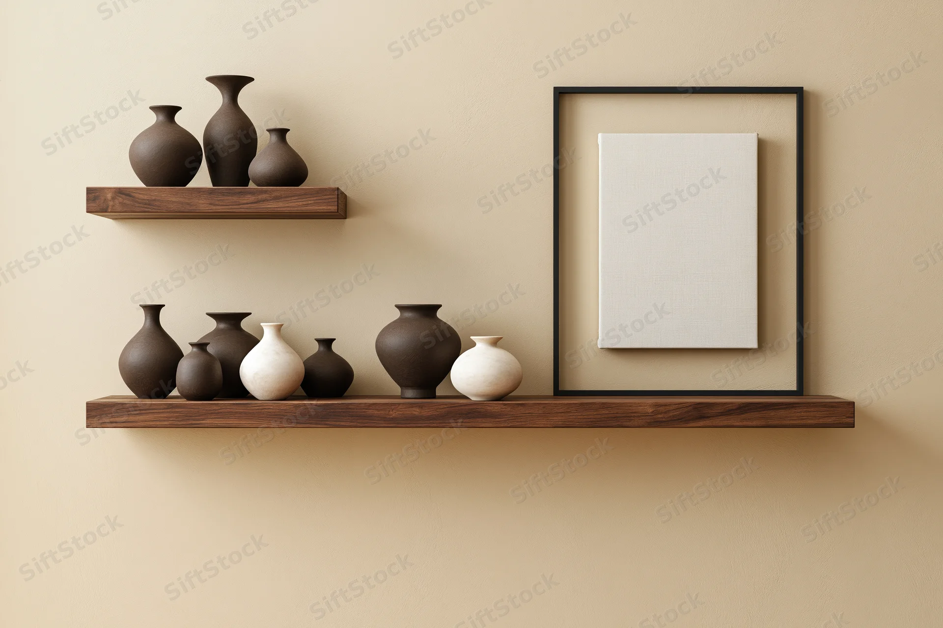 Floating wooden shelves with ceramic vases and a framed blank canvas on a beige wall