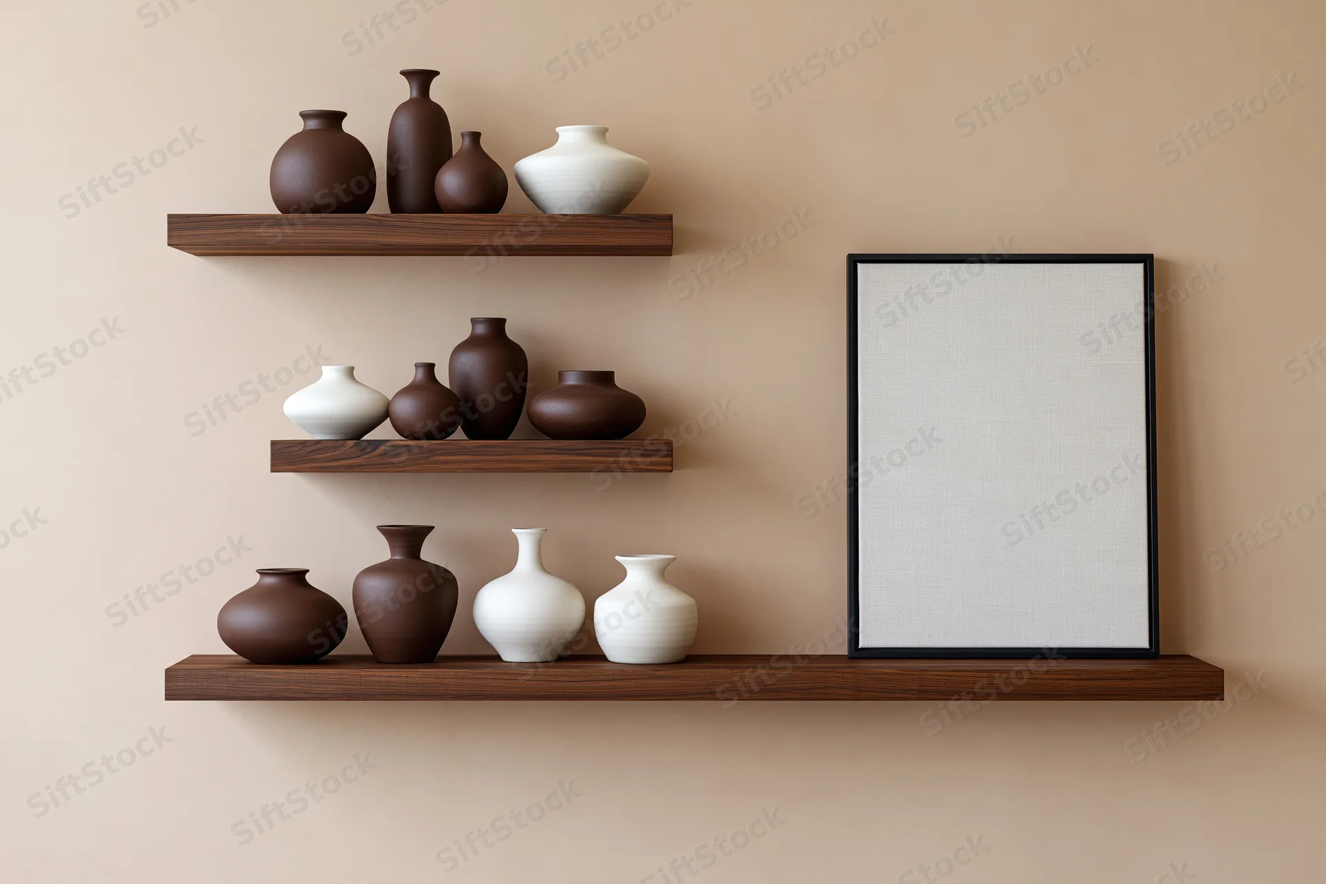 Three floating wooden shelves mounted on a beige wall holding ceramic vases and a blank picture frame