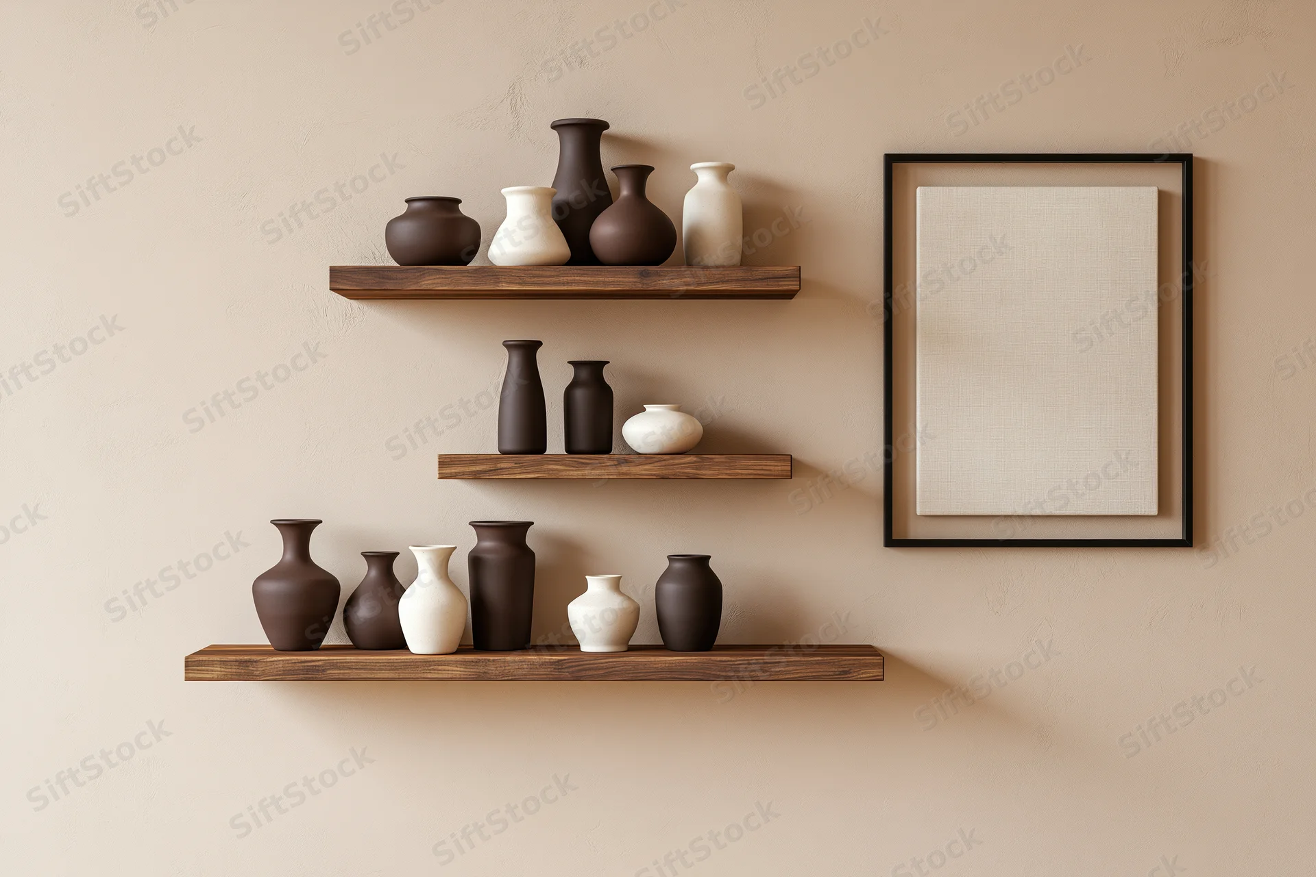 Three floating wooden shelves holding ceramic vases arranged on a beige wall beside a blank framed canvas