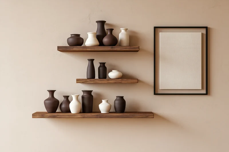 Three floating wooden shelves holding ceramic vases arranged on a beige wall beside a blank framed canvas