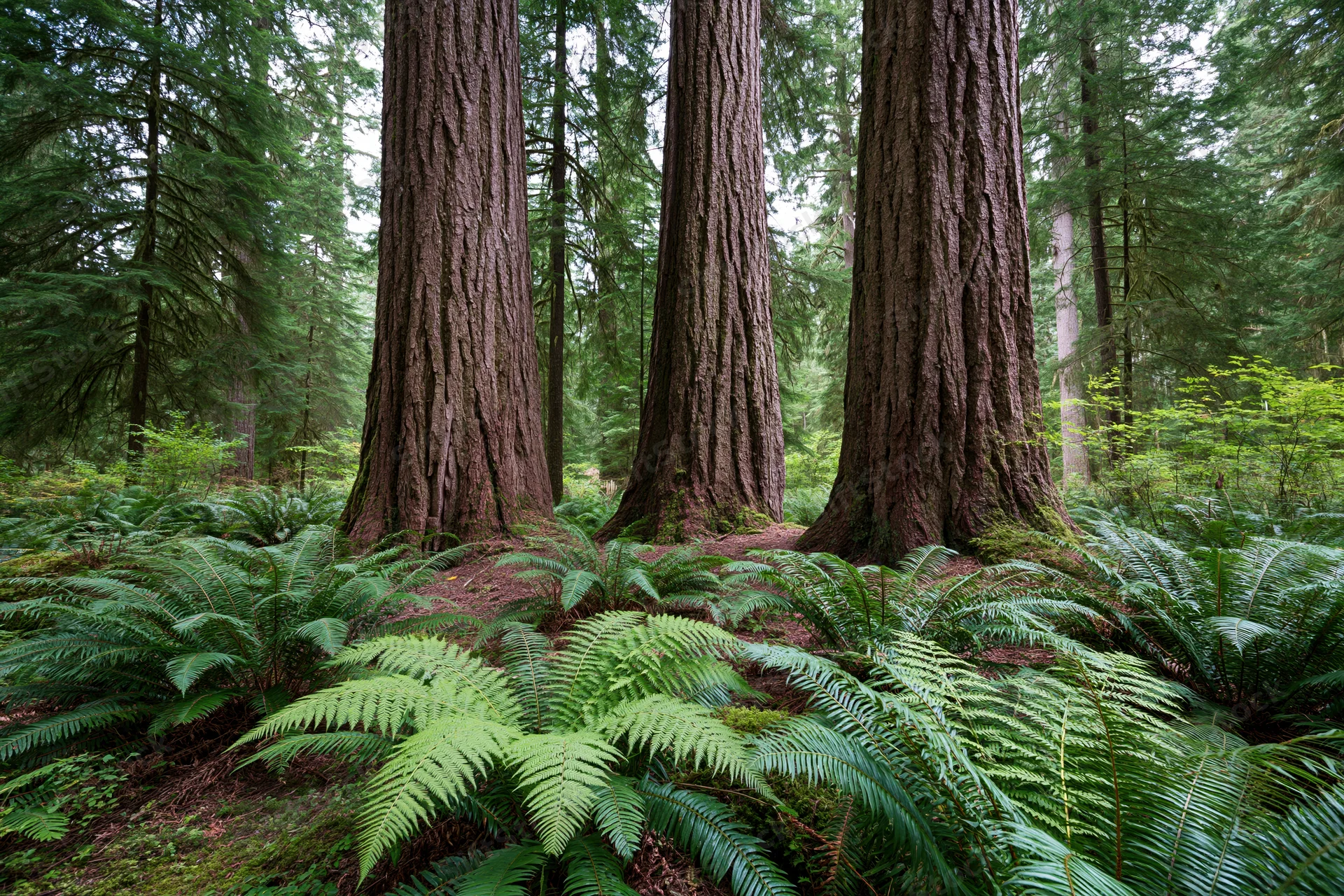 Three massive redwood tree trunks rising from a fern-covered forest floor in a dense old-growth woodland
