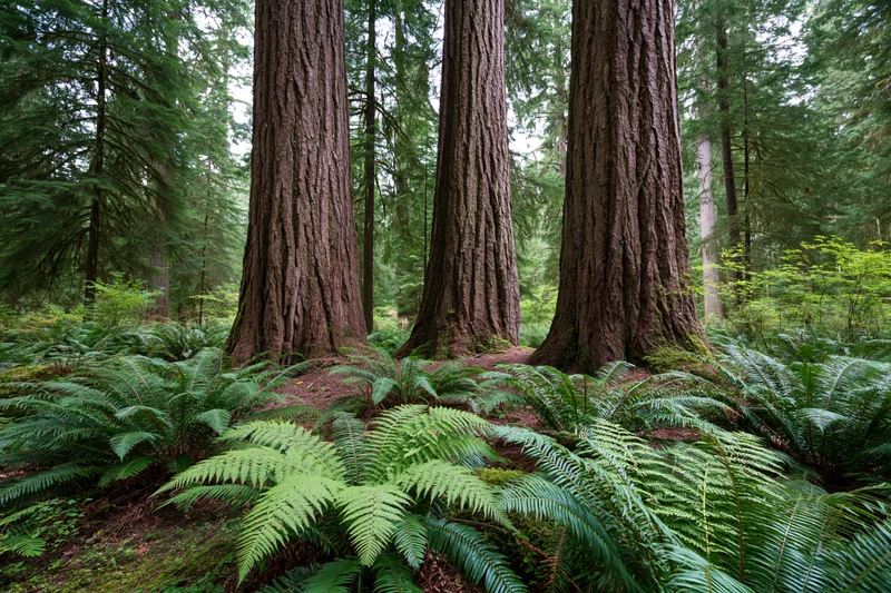 Three massive redwood tree trunks rising from a fern-covered forest floor in a dense old-growth woodland