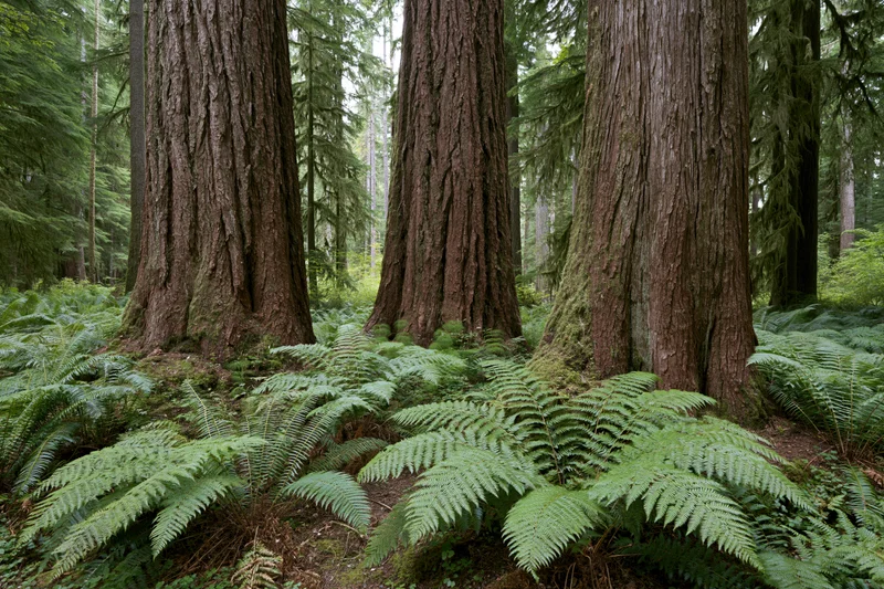 Massive old-growth conifer trunks rising from a fern-covered forest floor in a dense temperate woodland