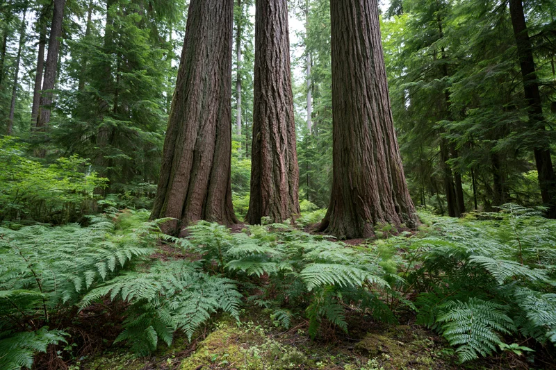 Three massive redwood tree trunks rising from a fern-covered forest floor in a dense old-growth woodland