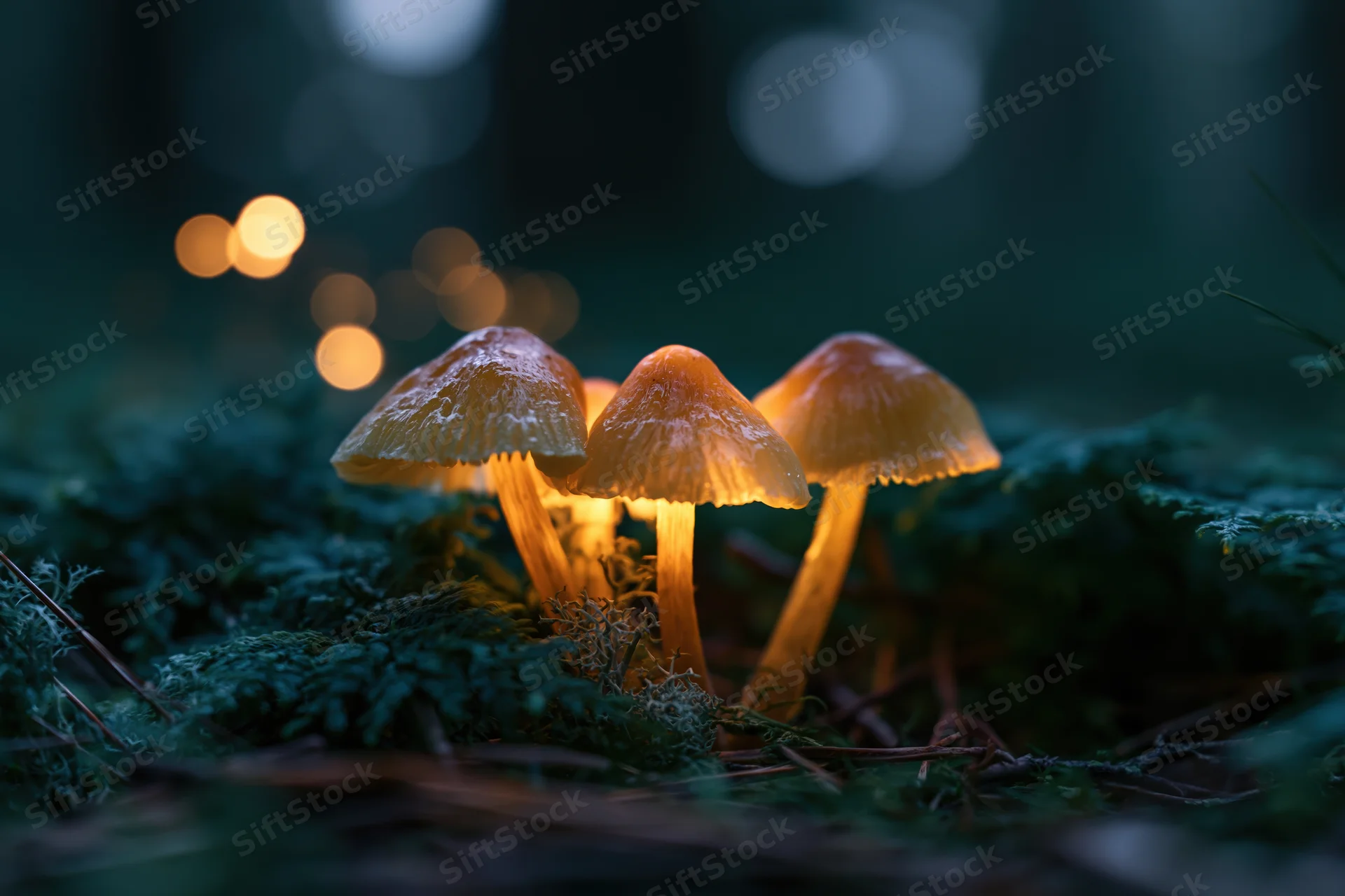Glowing mushrooms clustered on mossy forest floor at night