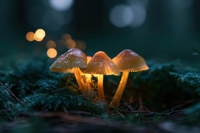 Glowing mushrooms clustered on mossy forest floor at night