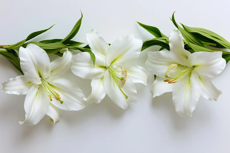 Three white lily blooms with green leaves arranged in a row on a white surface