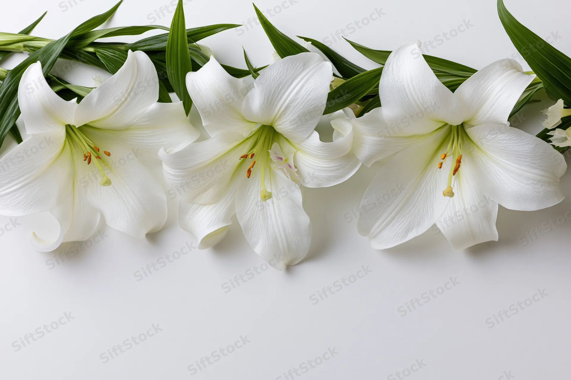 Three white lily blooms with green leaves arranged in a row on a white surface