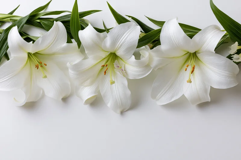 Three white lily blooms with green leaves arranged in a row on a white surface