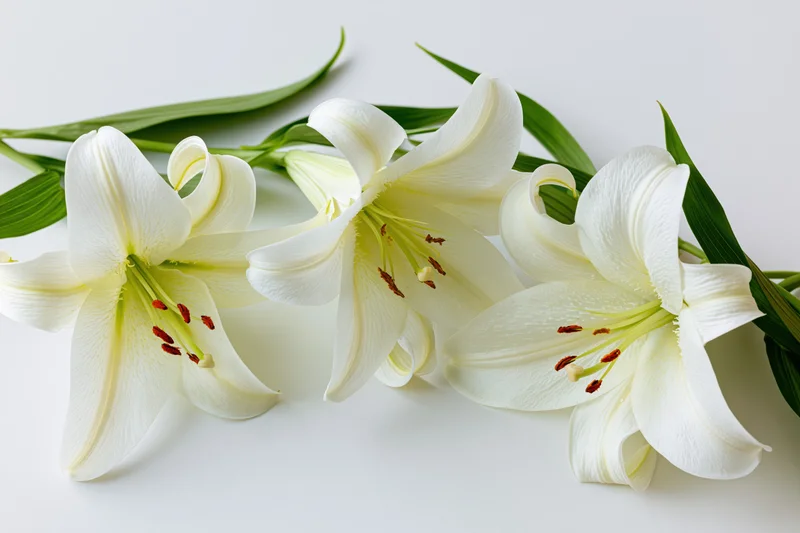 Three white lily blooms with green leaves arranged on a white surface