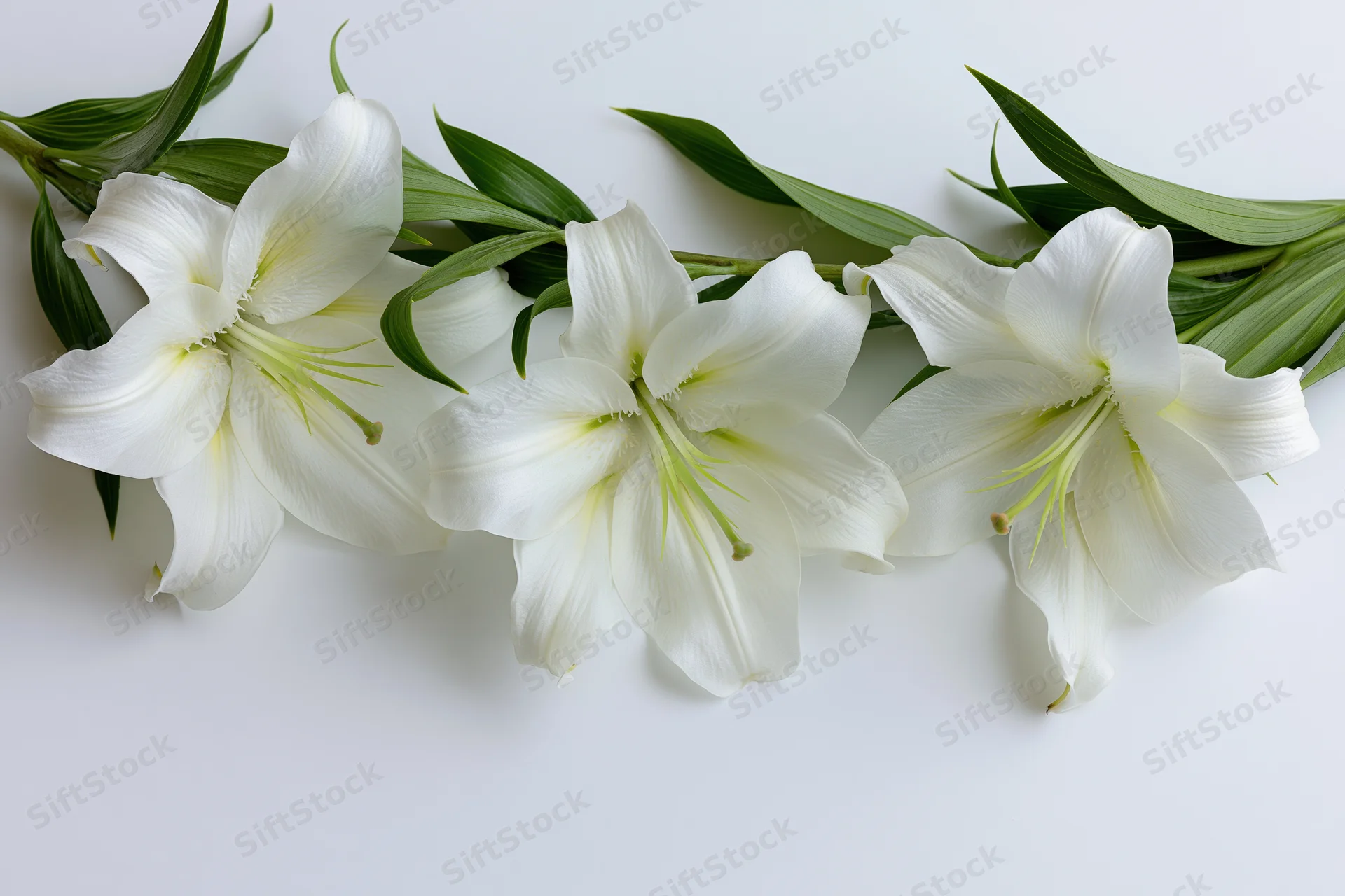 Three white lily blooms with green leaves arranged in a row on a white surface