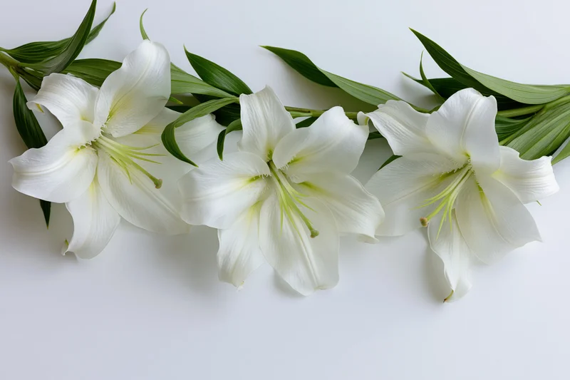 Three white lily blooms with green leaves arranged in a row on a white surface
