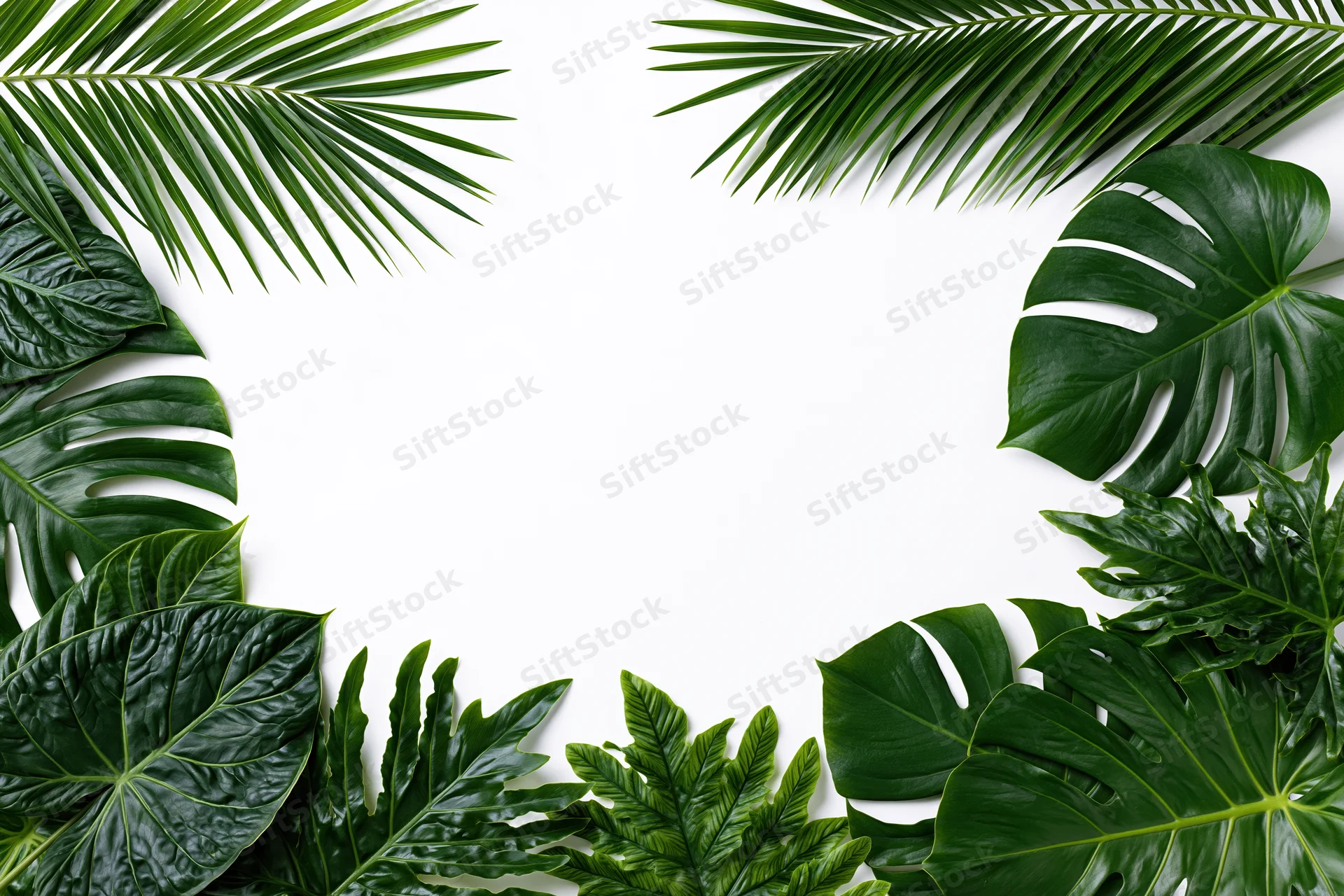 Tropical foliage arranged in a border framing a white open center