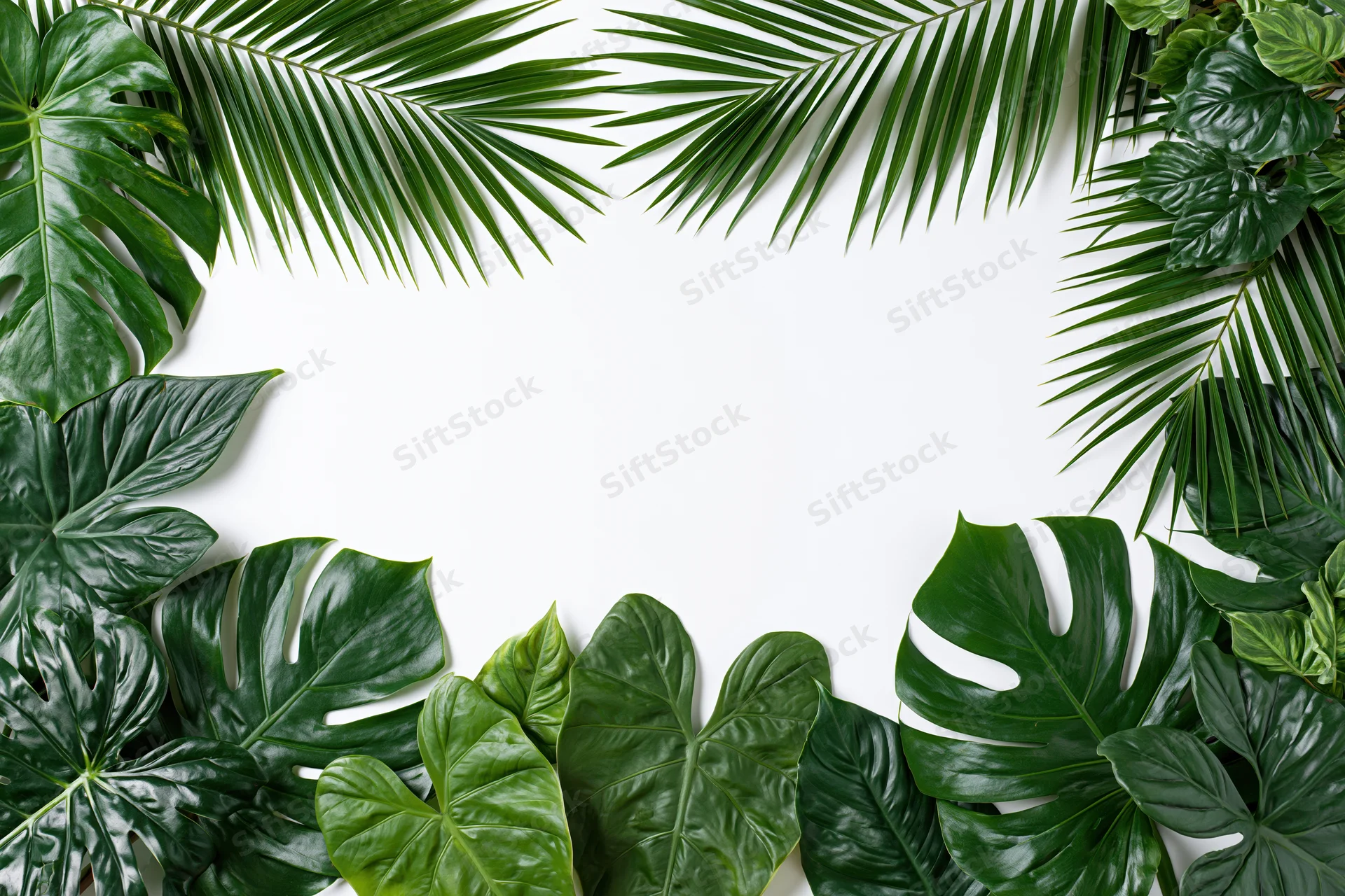 Tropical foliage arranged in a border frame around a white open center