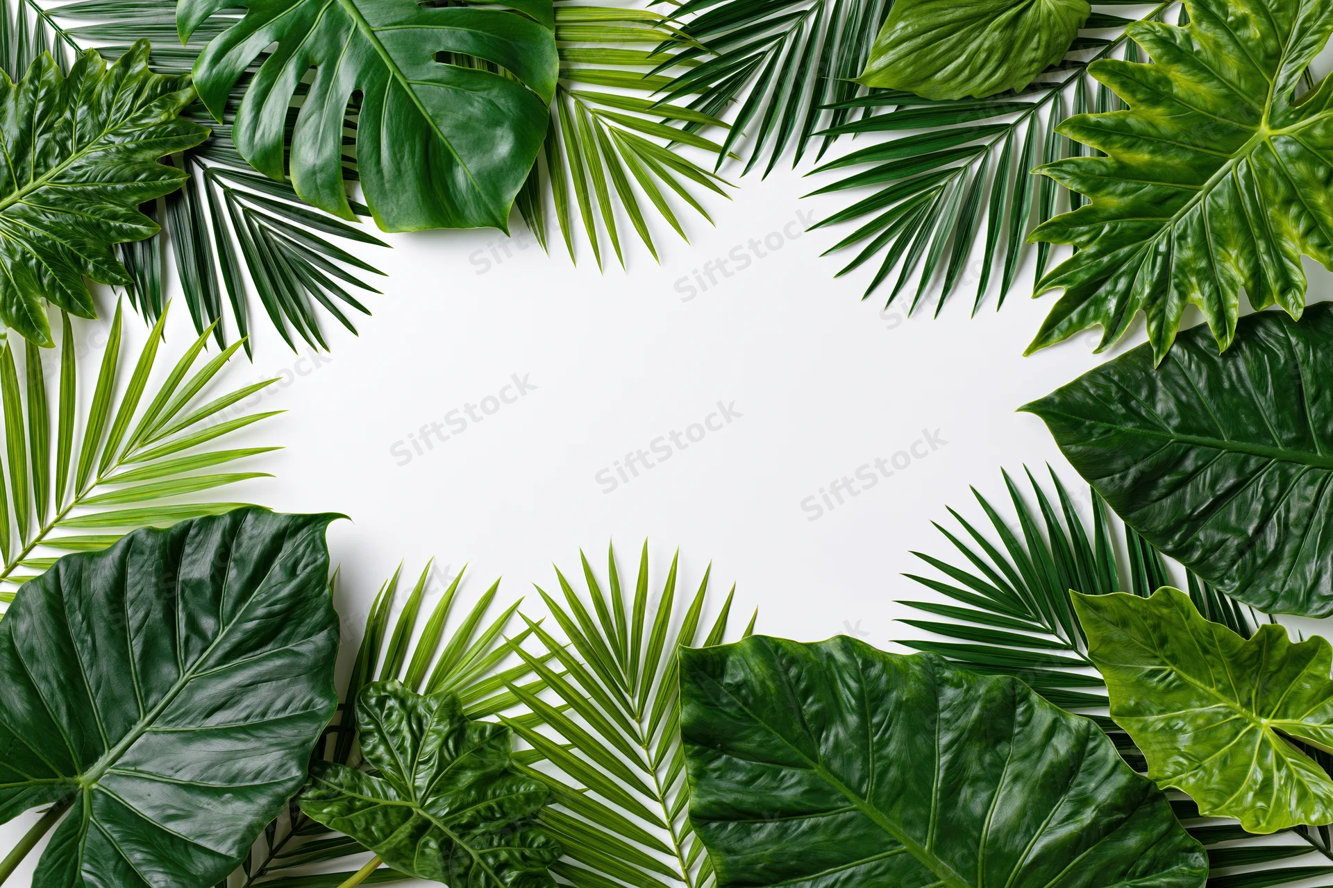 Tropical foliage arranged in a border frame on white background with copyspace