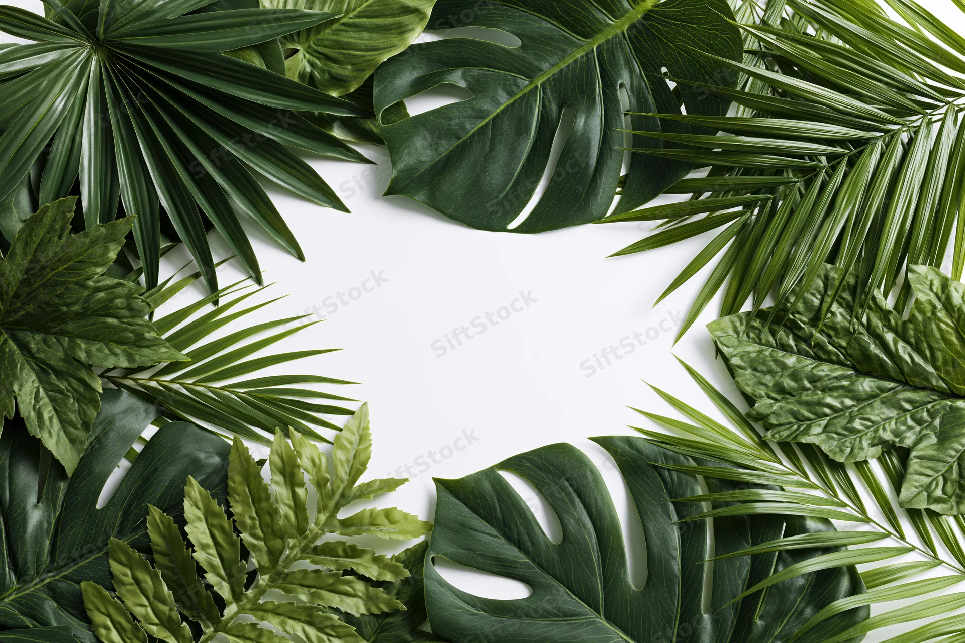 Tropical leaves arranged as a flat lay border frame on white background