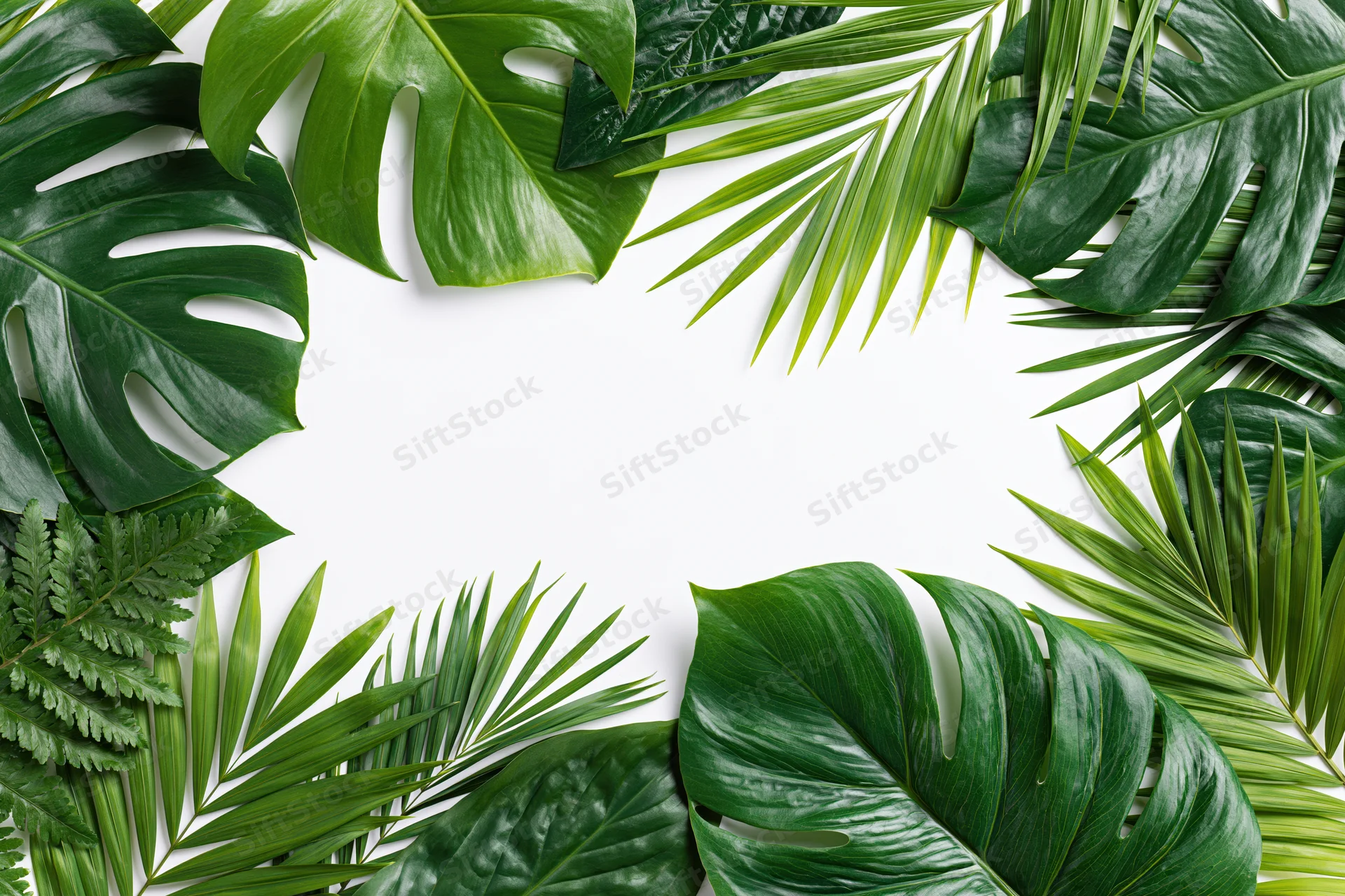 Tropical leaves arranged as a flat lay border frame on white background