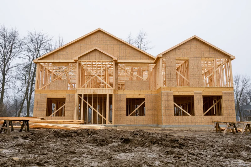 Two-story residential house under construction with wooden framing and concrete foundation on muddy ground