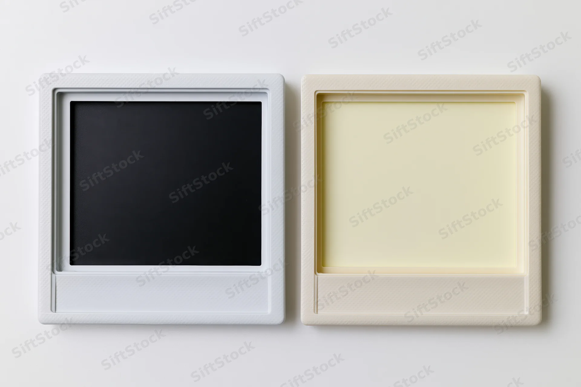 Two blank polaroid instant film frames side by side on a white surface
