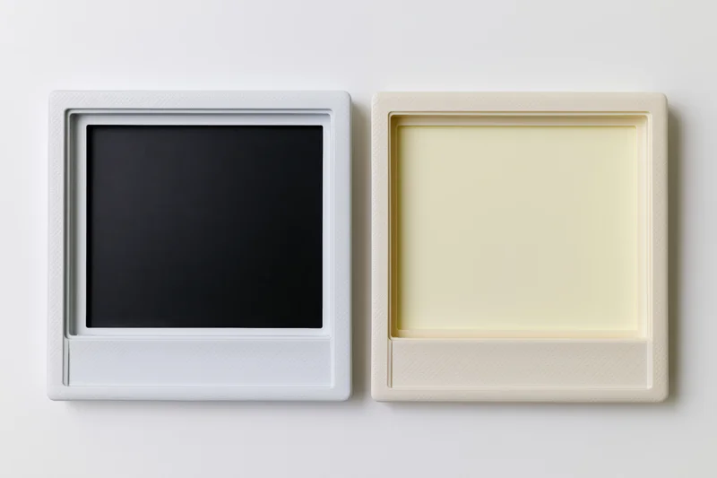 Two blank polaroid instant film frames side by side on a white surface