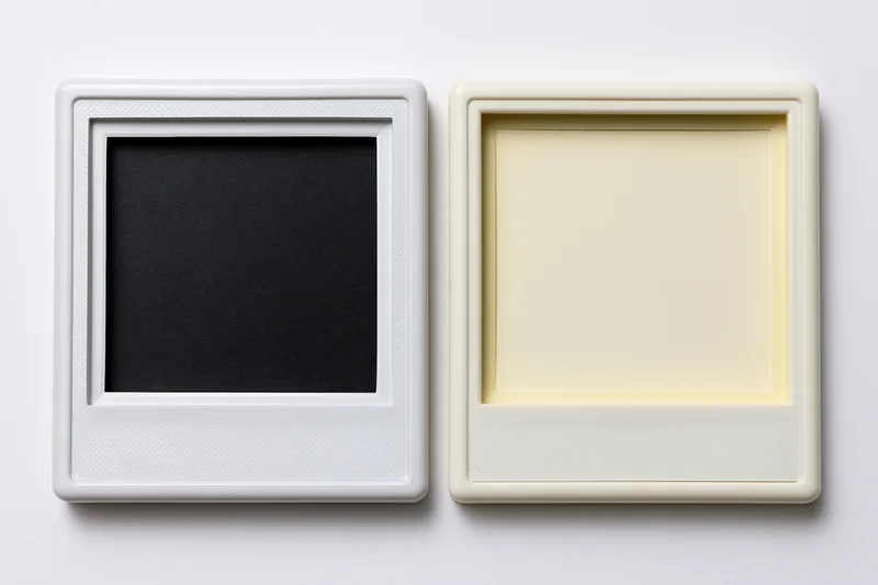 Two blank polaroid film frames side by side on white surface