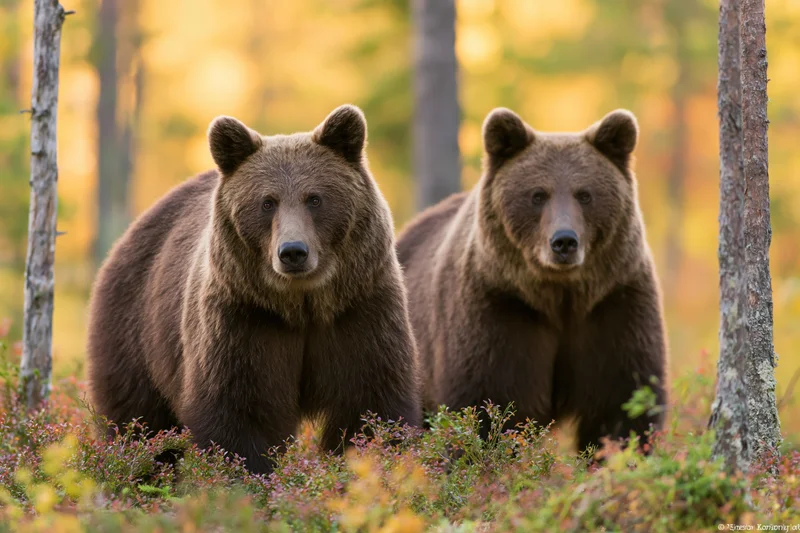 Two brown bears standing alert among low shrubs in a forest at autumn