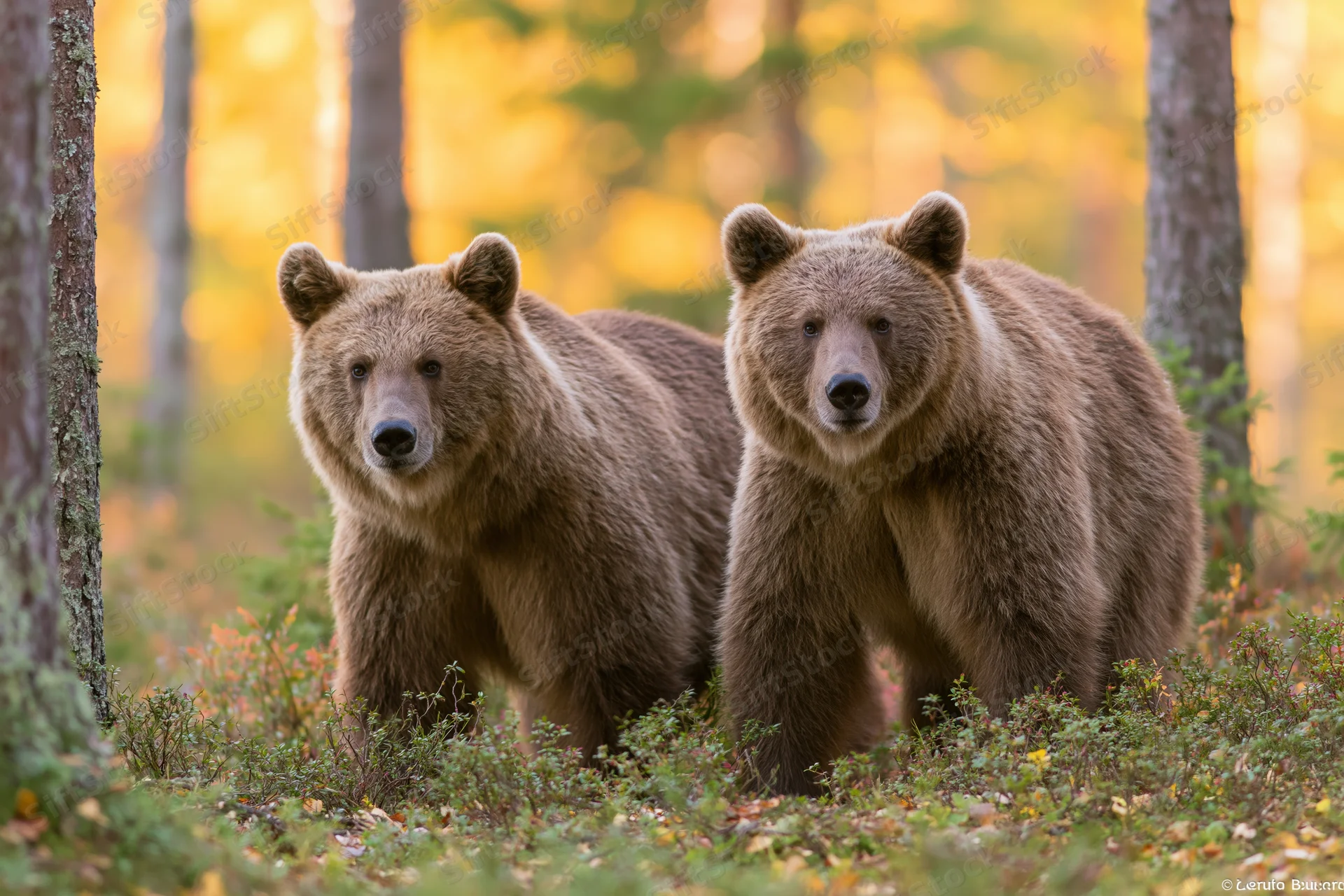 Two brown bears standing alert among low shrubs in a forest at autumn