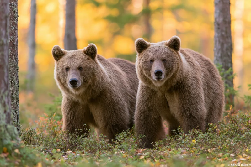 Two brown bears standing alert among low shrubs in a forest at autumn