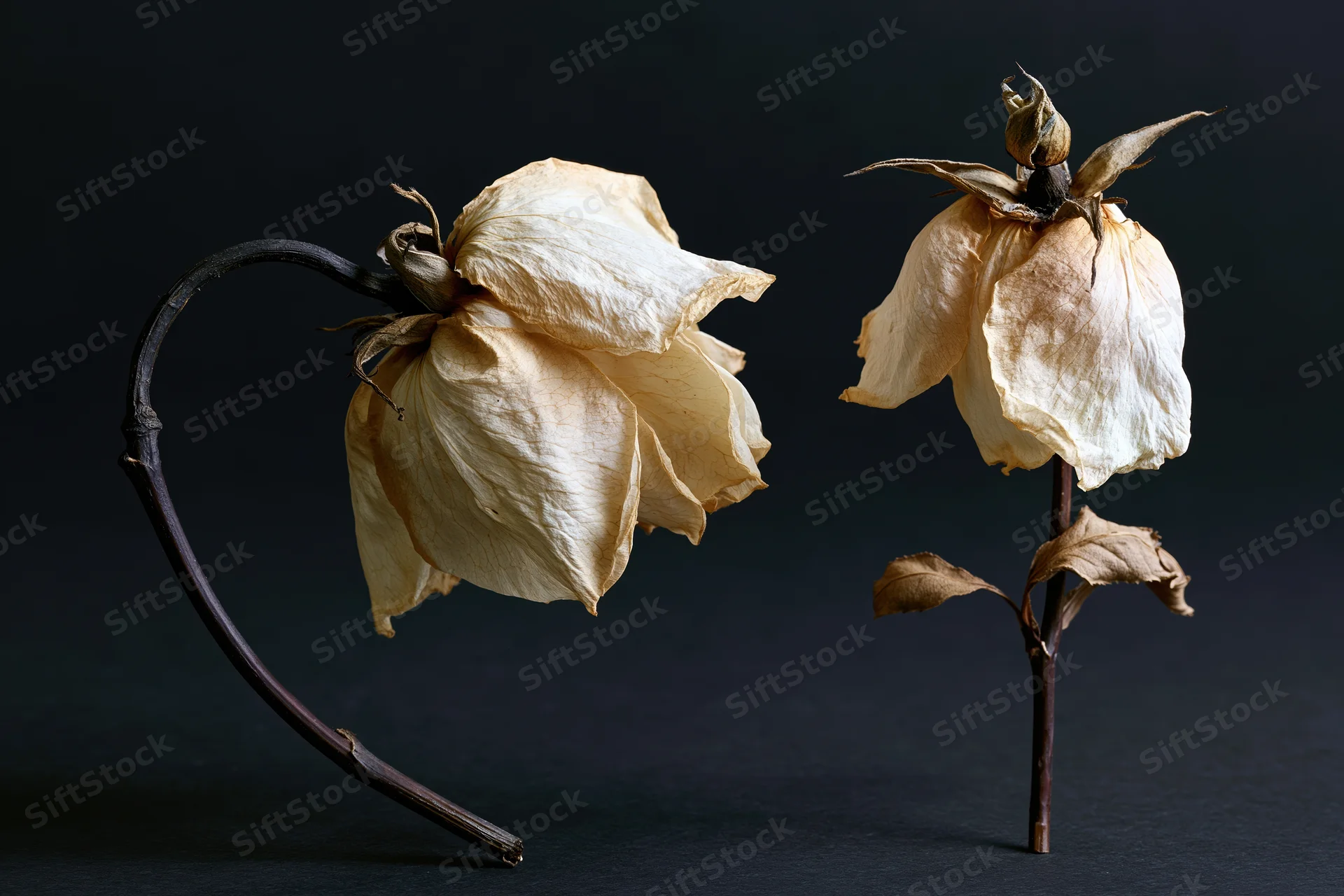 Two dried roses with wilted papery blooms on dark background