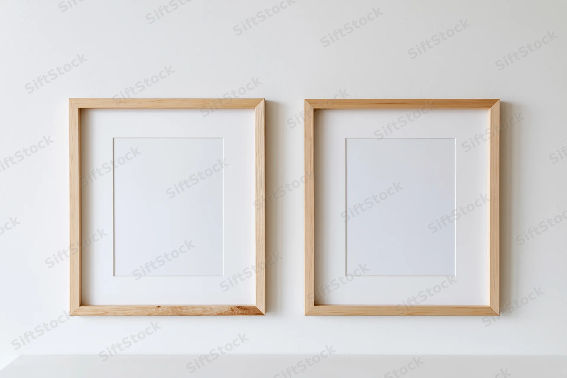 Two identical light wood picture frames with white mats hanging on a white wall