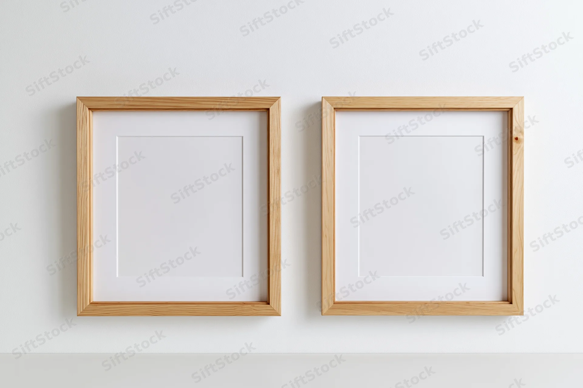 Two identical light wood picture frames with white mats hanging on a white wall