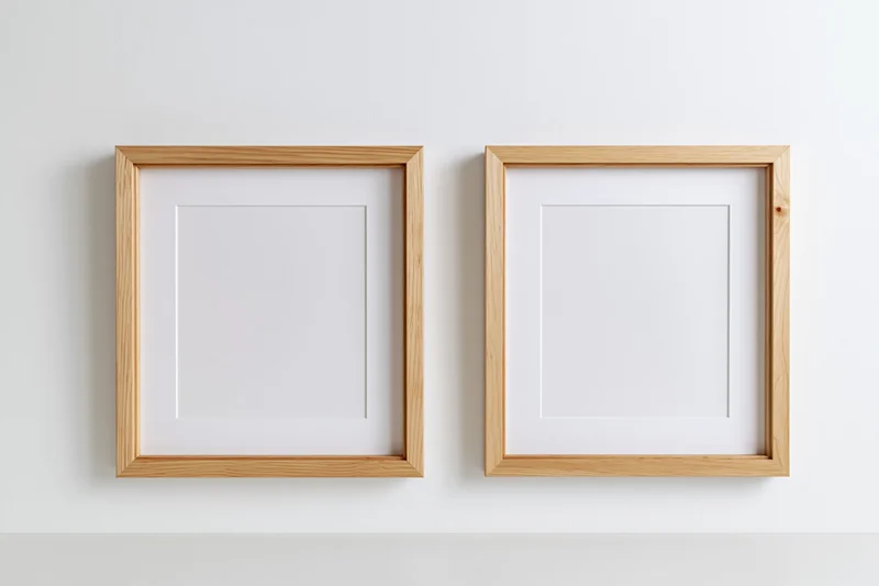 Two identical light wood picture frames with white mats hanging on a white wall