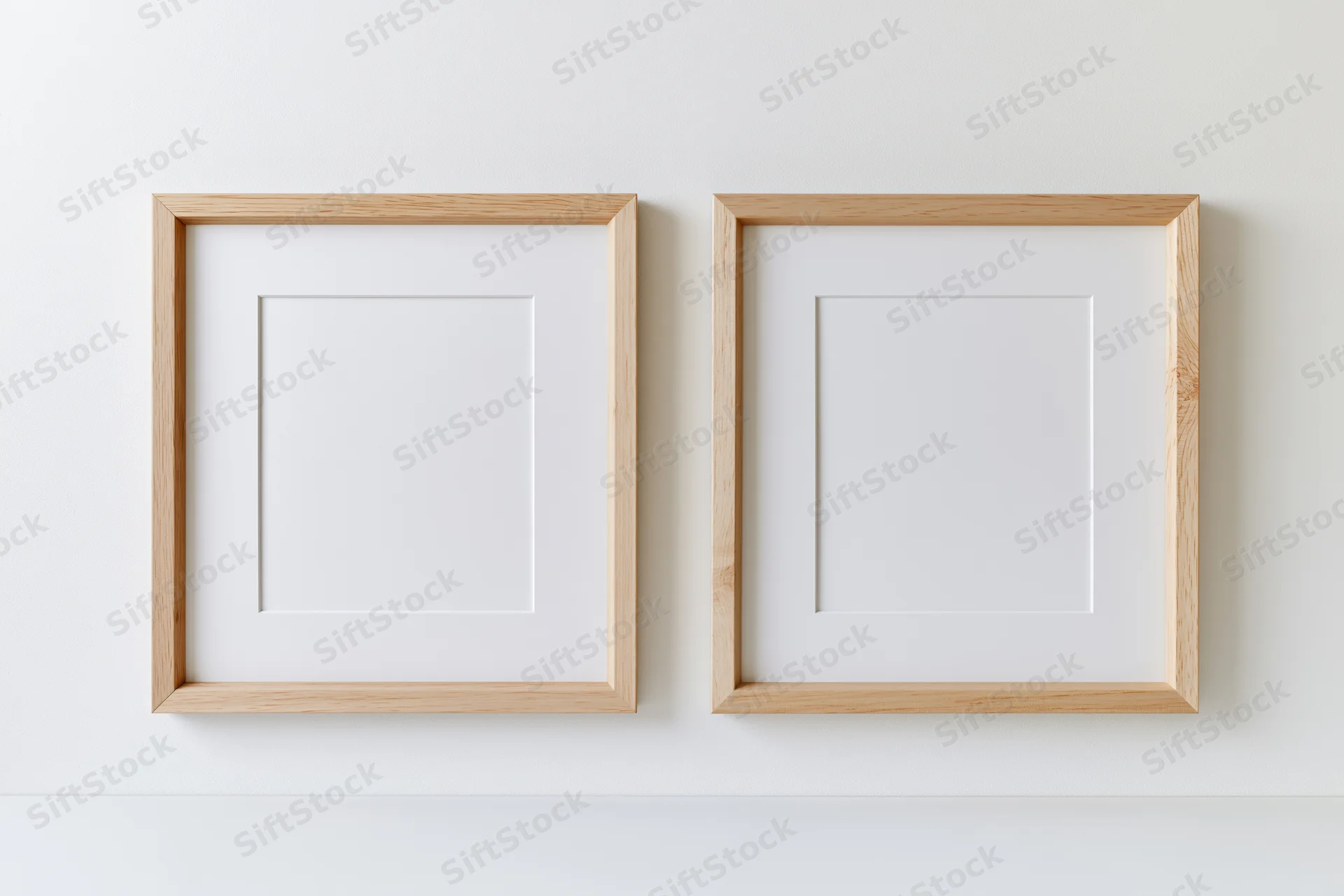 Two identical light wood picture frames with white mats hanging on a white wall