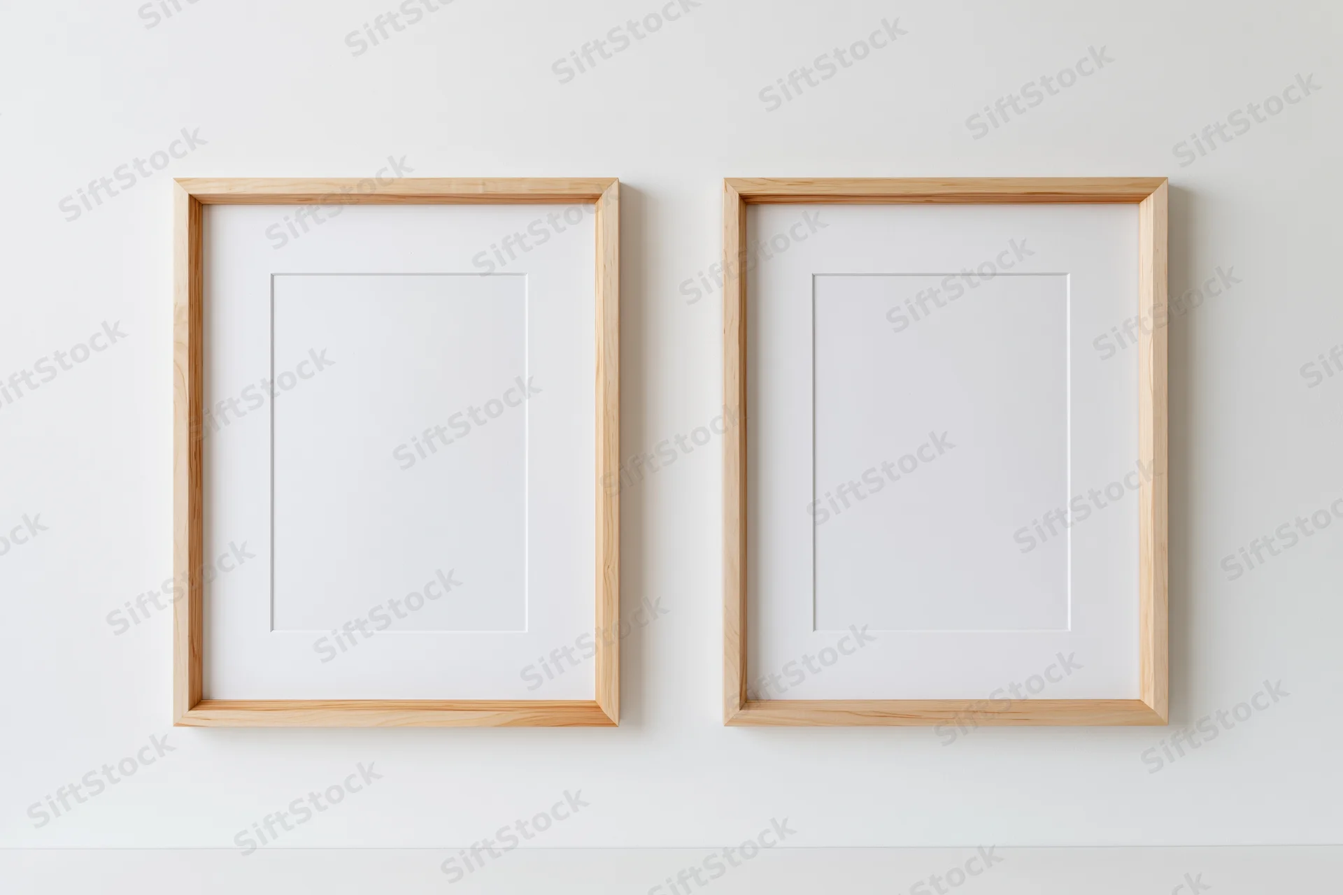Two identical light wood picture frames with white mats hanging on a white wall