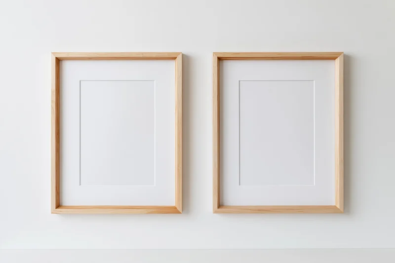 Two identical light wood picture frames with white mats hanging on a white wall