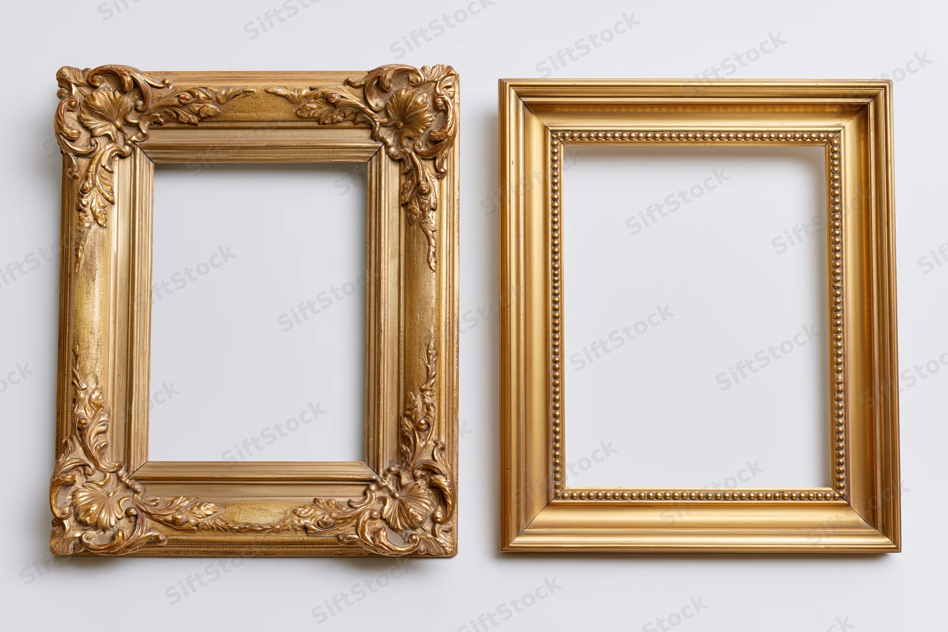Two ornate gold picture frames side by side on white background