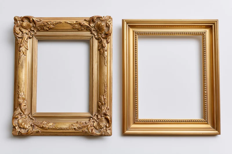 Two ornate gold picture frames side by side on white background