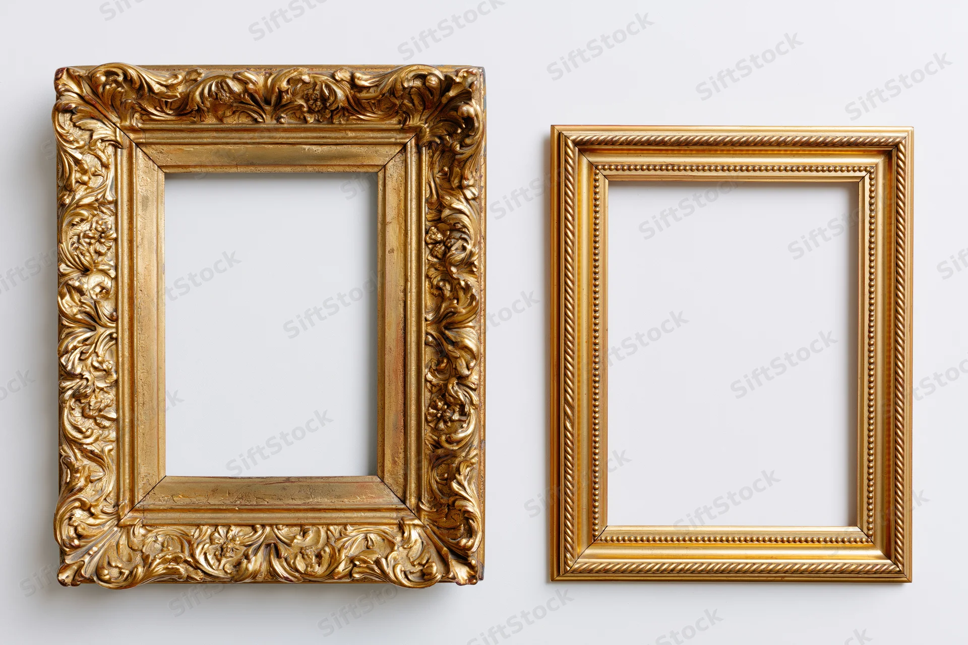 Two ornate gold picture frames side by side on white background