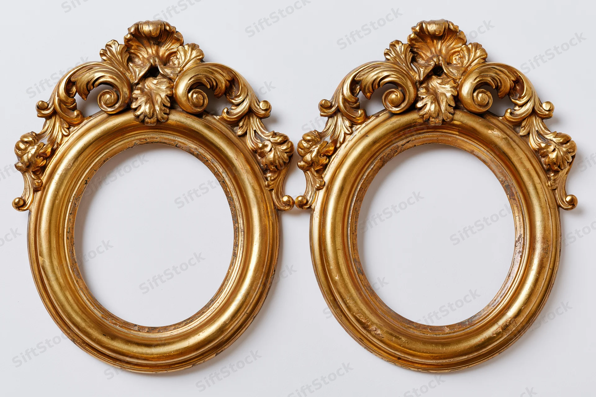 Two ornate gilded oval frames side by side on white background