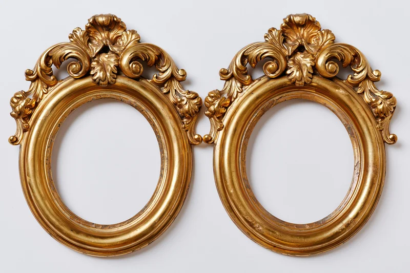 Two ornate gilded oval frames side by side on white background