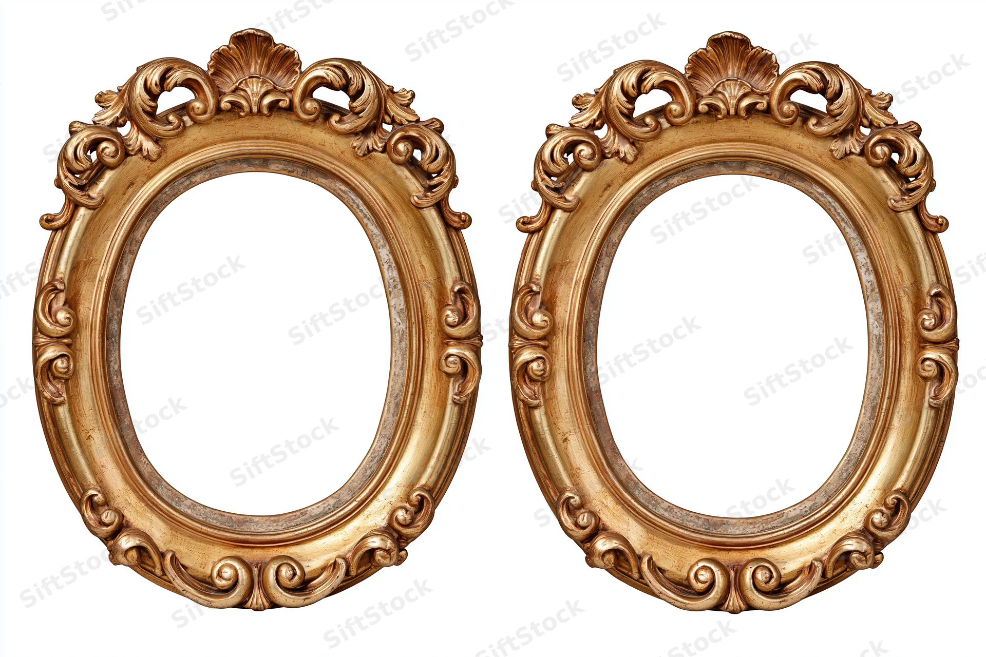 Two ornate oval gilded picture frames side by side on white background