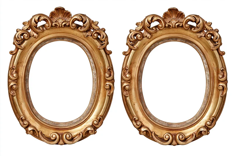 Two ornate oval gilded picture frames side by side on white background