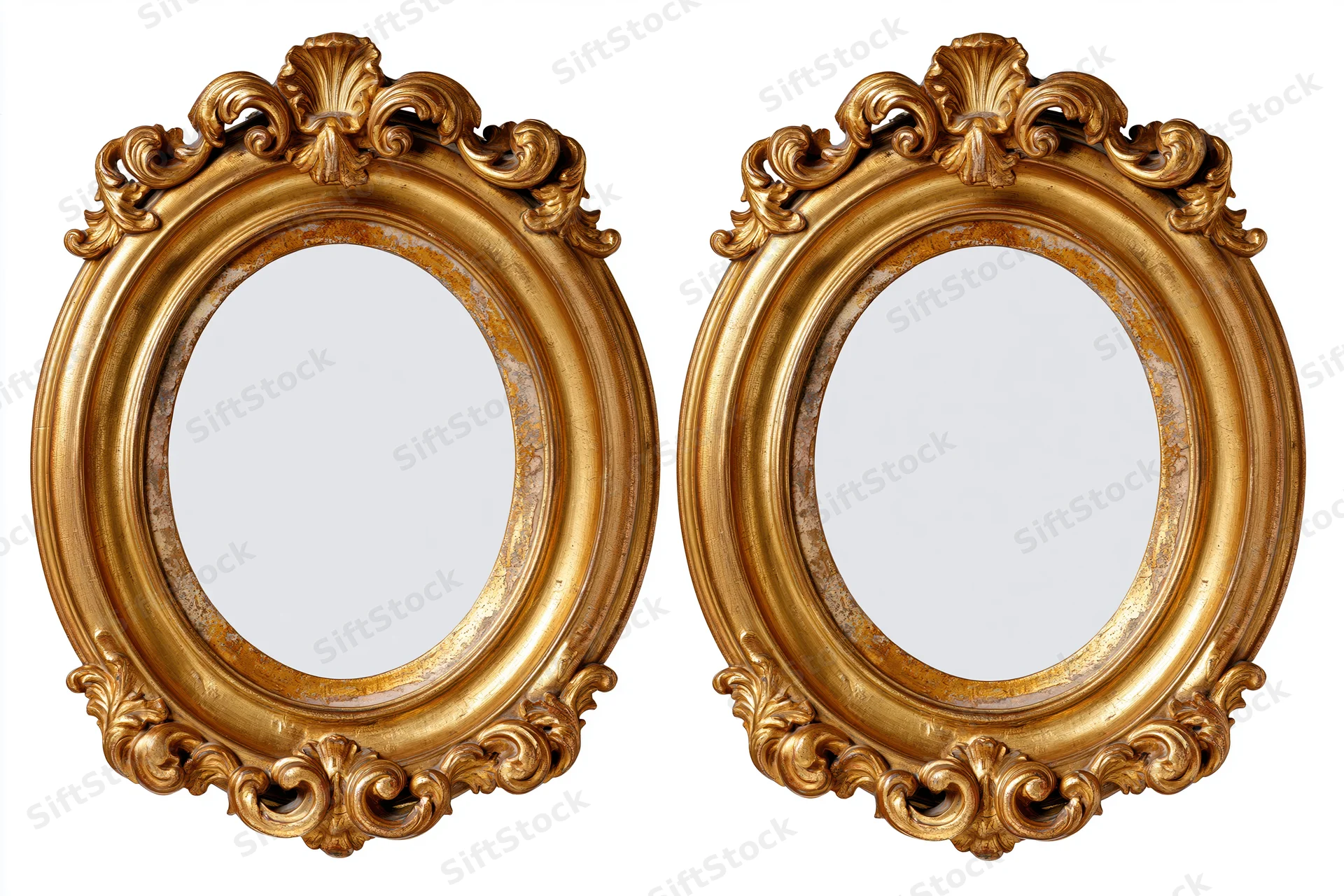 Two ornate oval gilded mirrors side by side on white background