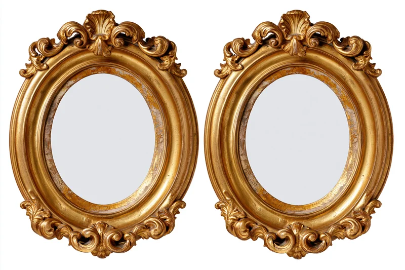 Two ornate oval gilded mirrors side by side on white background