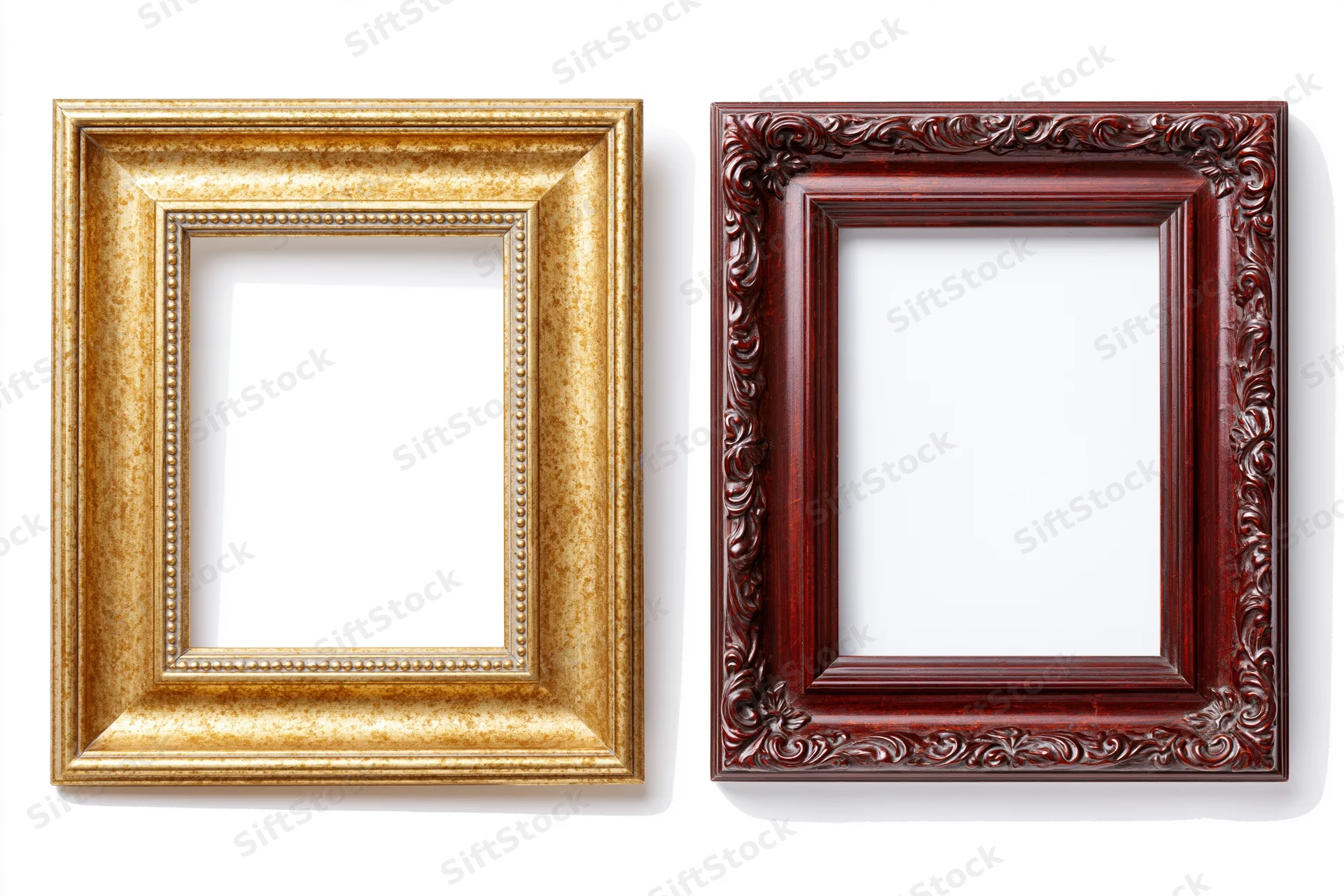 Two ornate picture frames side by side against a plain white background