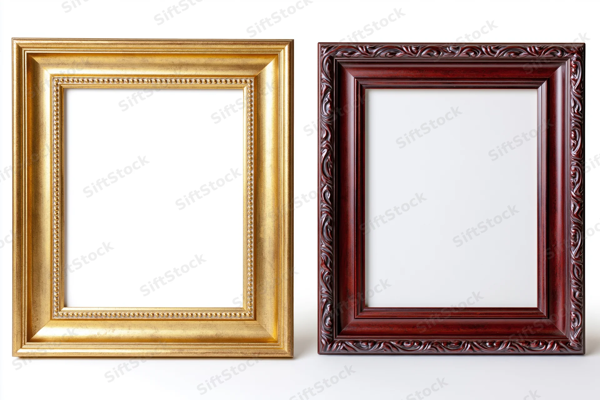 Two ornate picture frames side by side against a plain white background