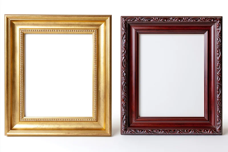 Two ornate picture frames side by side against a plain white background