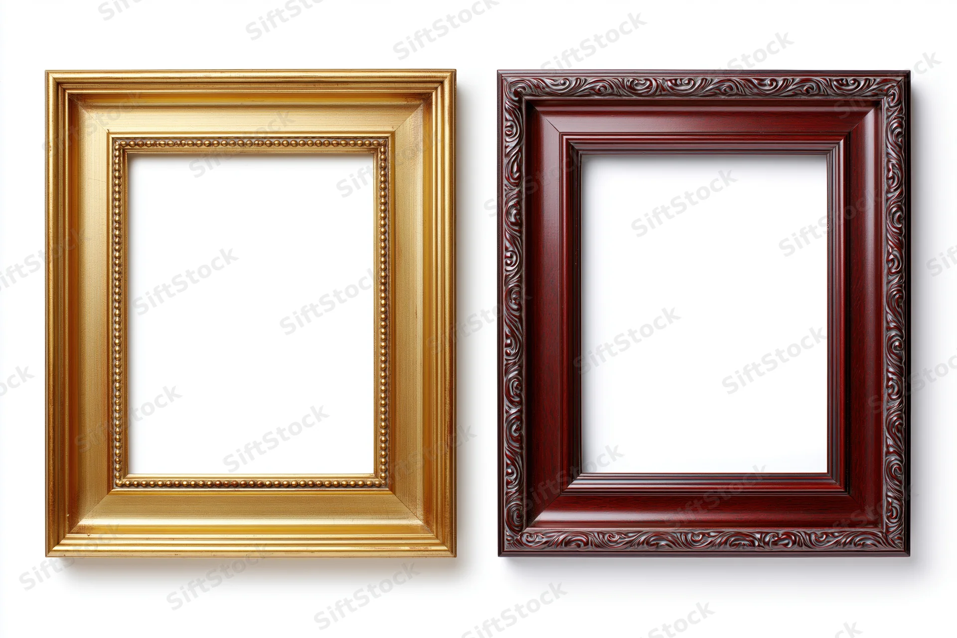 Two ornate picture frames side by side against a plain white background
