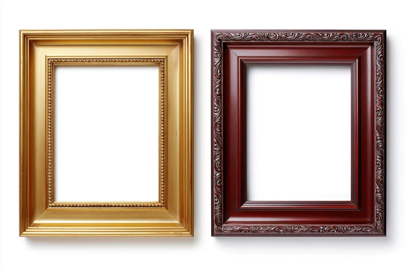 Two ornate picture frames side by side against a plain white background