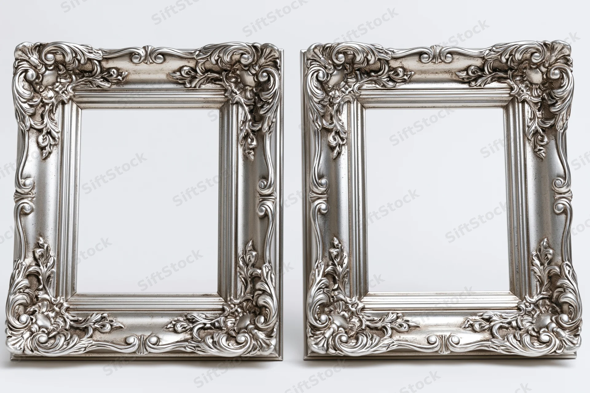 Two ornate silver picture frames with baroque and rococo carvings side by side on white background